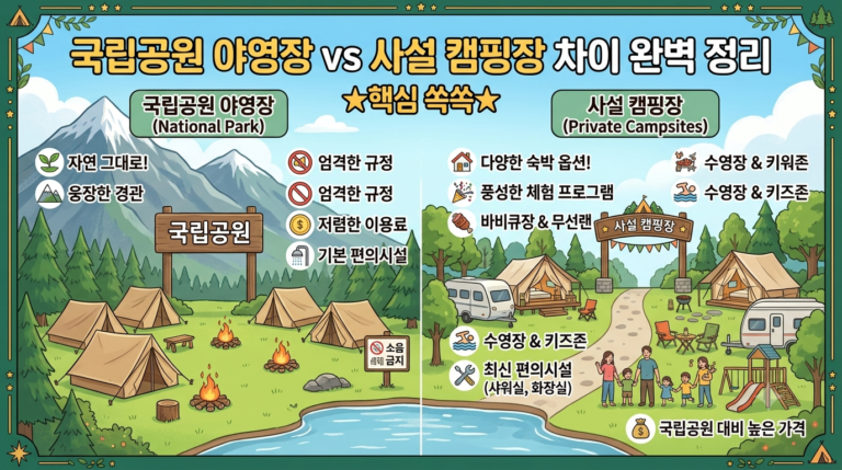 국립공원 야영장과 사설 캠핑장 차이 완벽 정리