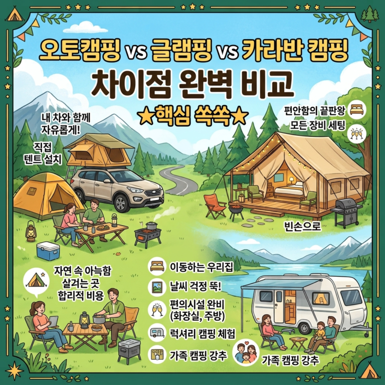 오토캠핑 vs 글램핑 vs 카라반 캠핑 차이점 완벽 비교